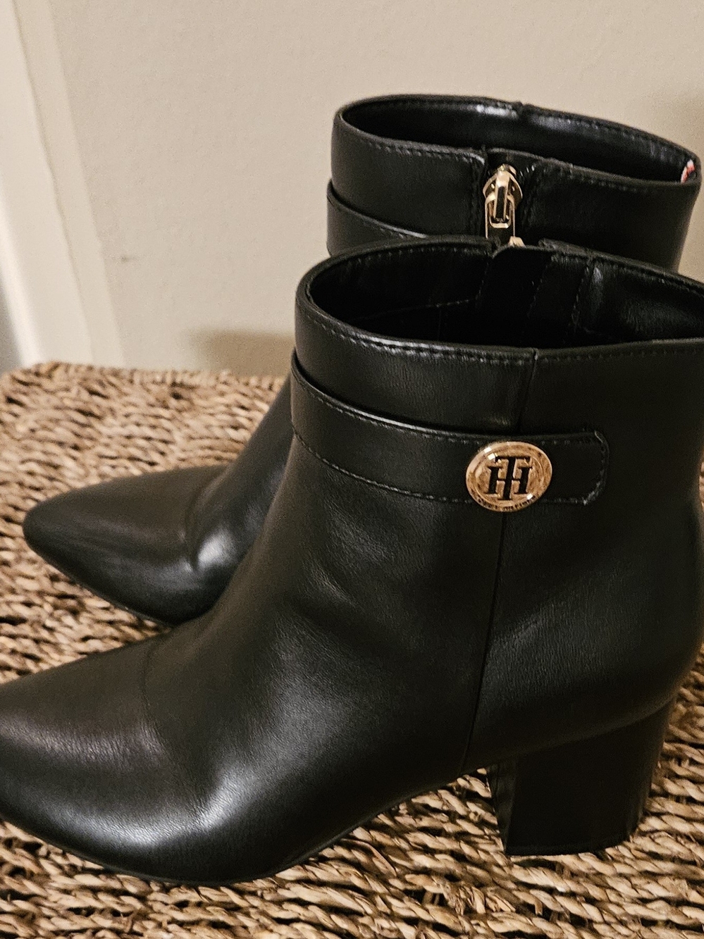 Tommy Hilfiger Black Leather Ankle Booties with Gold Logo